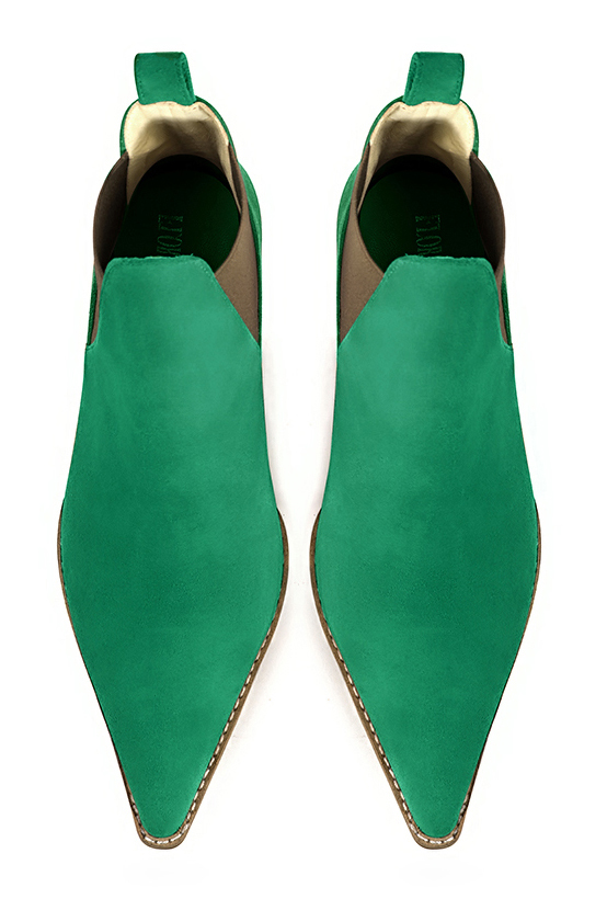 Emerald green and taupe brown women's ankle boots, with elastics. Pointed toe. Medium cone heels. Top view - Florence KOOIJMAN